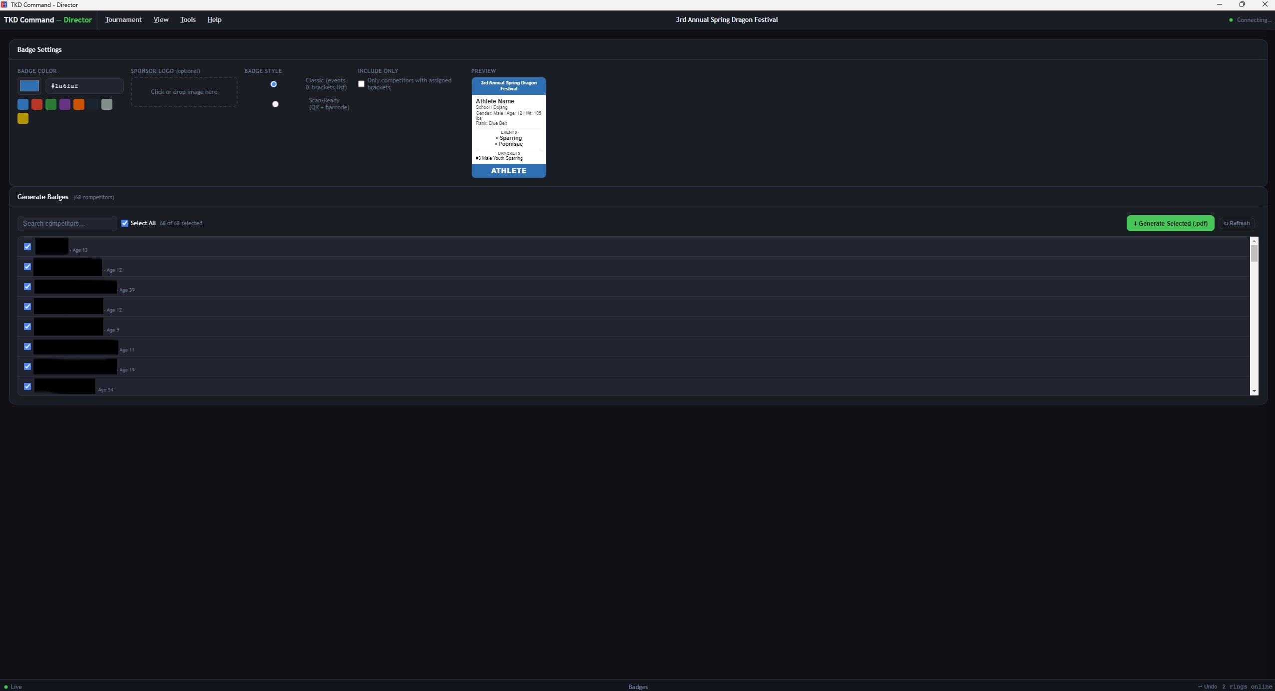 Badge generator with color settings, style options, and competitor list for PDF export