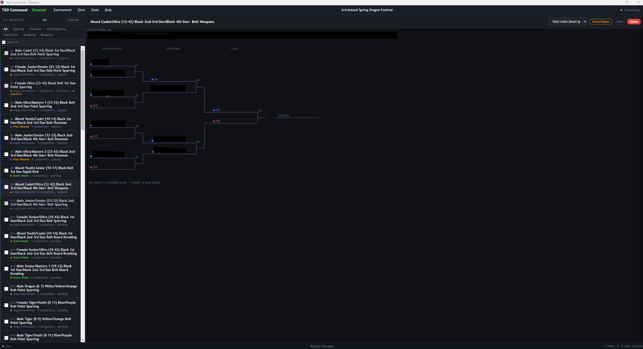 Director bracket manager showing a single-elimination bracket with competitor assignments