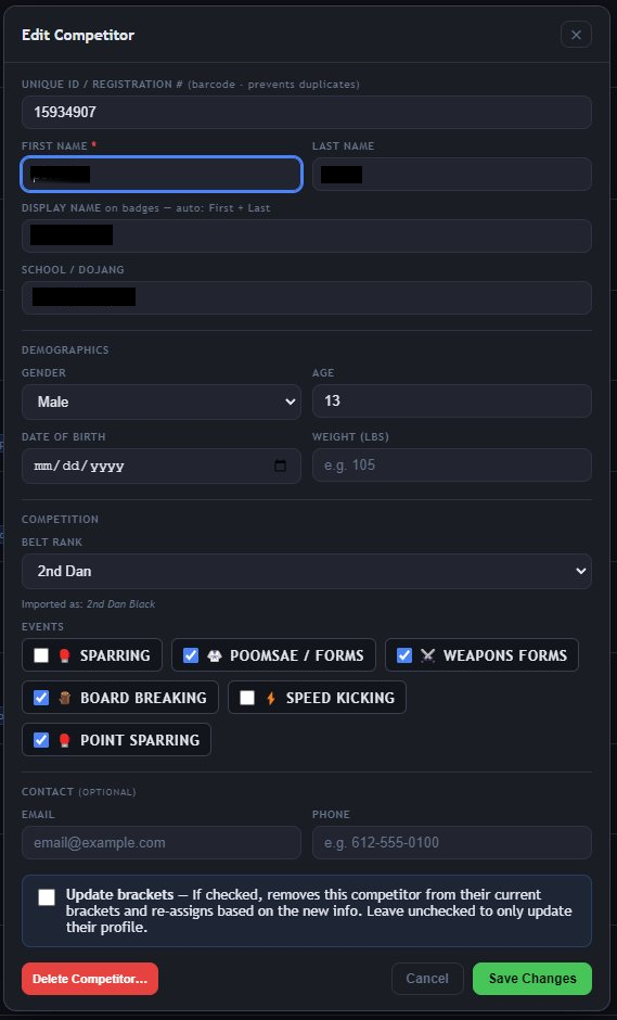 Edit competitor modal showing name, school, belt rank, and event selection