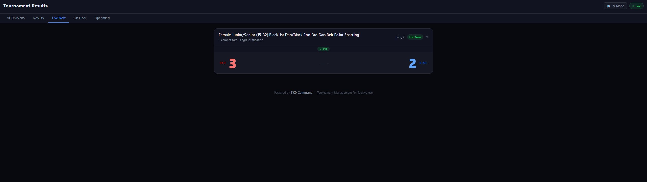 Live Now tab showing a match currently in progress with real-time score