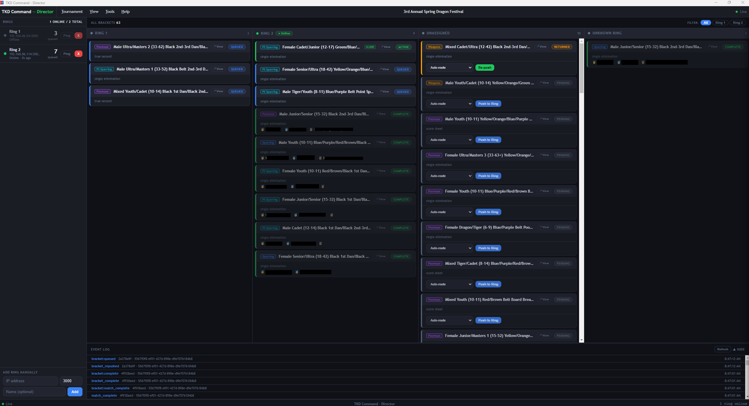 Director rings and status dashboard showing active rings, queued brackets, and event log