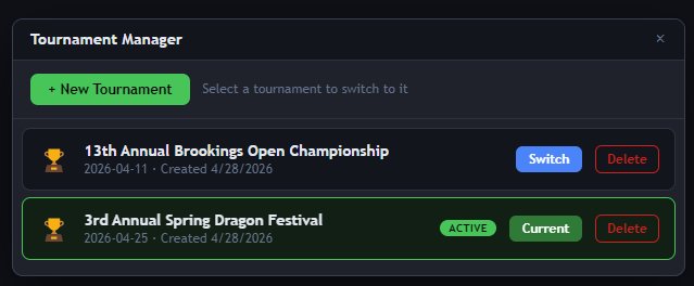 Tournament manager showing multiple tournaments with active and inactive states