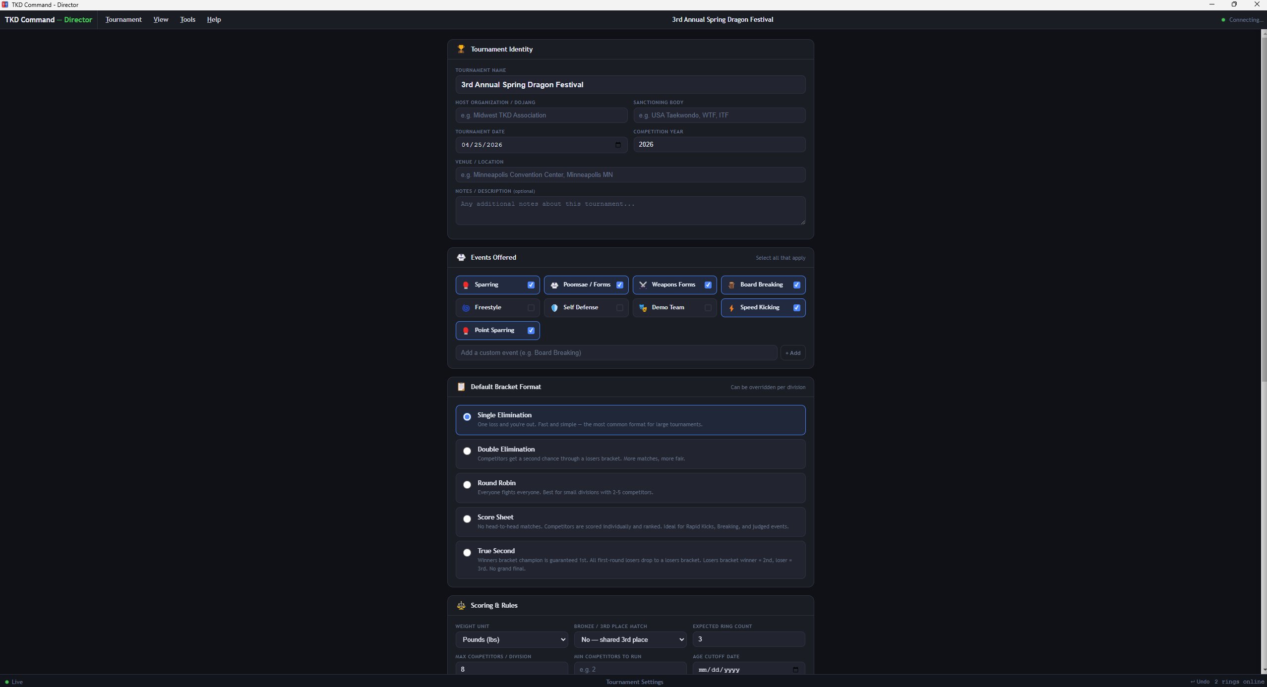 Director tournament settings screen showing events, bracket format, and scoring configuration